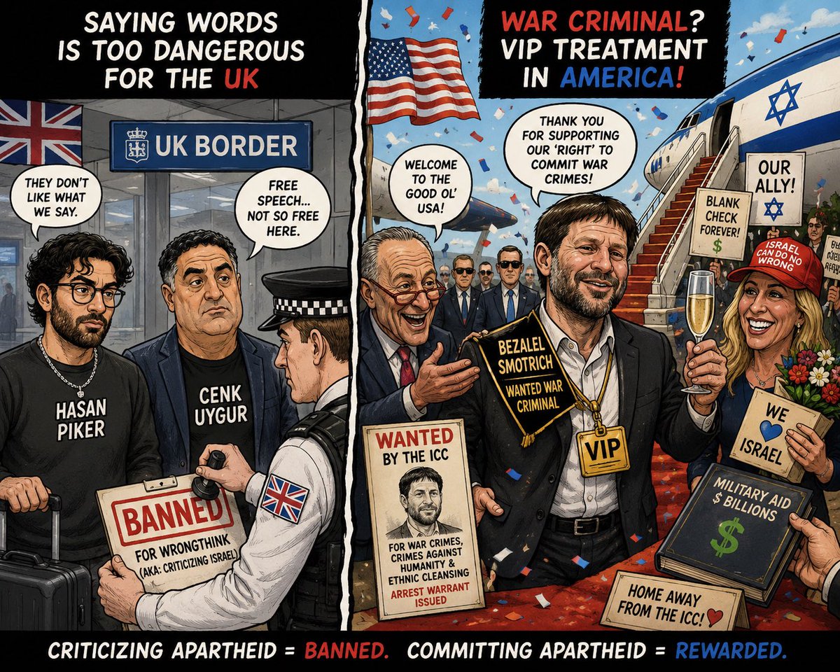 adamemedia1's tweet photo. So Hasan Piker and Cenk Uygur have been BANNED from the UK for saying words that Israel, a fucking apartheid state that is guilty of ethnic cleansing & genocide, doesn’t like. 

Meanwhile Smotrich, a literal war criminal with a warrant out for his arrest is welcomed into America with open arms and given the VIP treatment. 

Doesn’t that make you sick? Don’t you see what’s going on? The Epstein class and their pet apartheid colony own us and they’re tightening their grip. 

Free speech will die if we don’t fight for it.