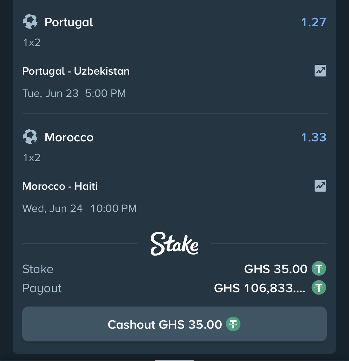 GhanamanTips's tweet photo. 3,000 odds World Cup🎉🎉

Code - https://t.co/b2FCCPITBa

Register A Stake Account Here for free $100 bonus - https://t.co/S1s4f4LxAW https://t.co/6JzBdTOXrd