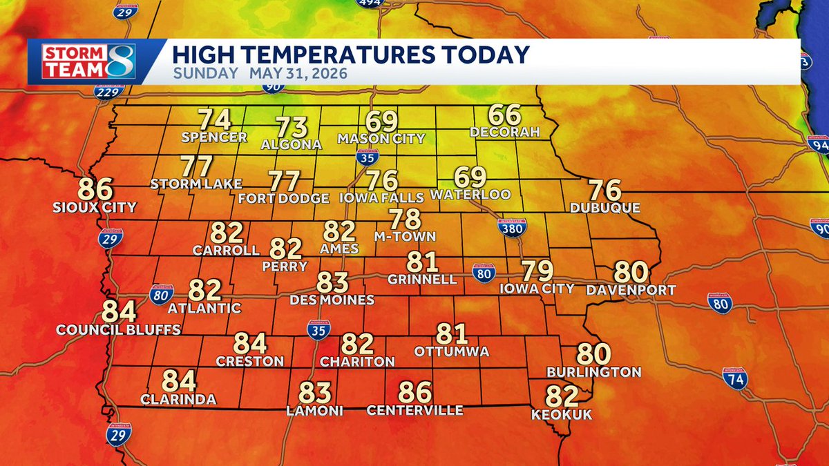 dkoellerwx's tweet photo. Here are a few of today's high temperatures across the state. These are as of 7pm today. #iawx https://t.co/1YX9Ym5tcd