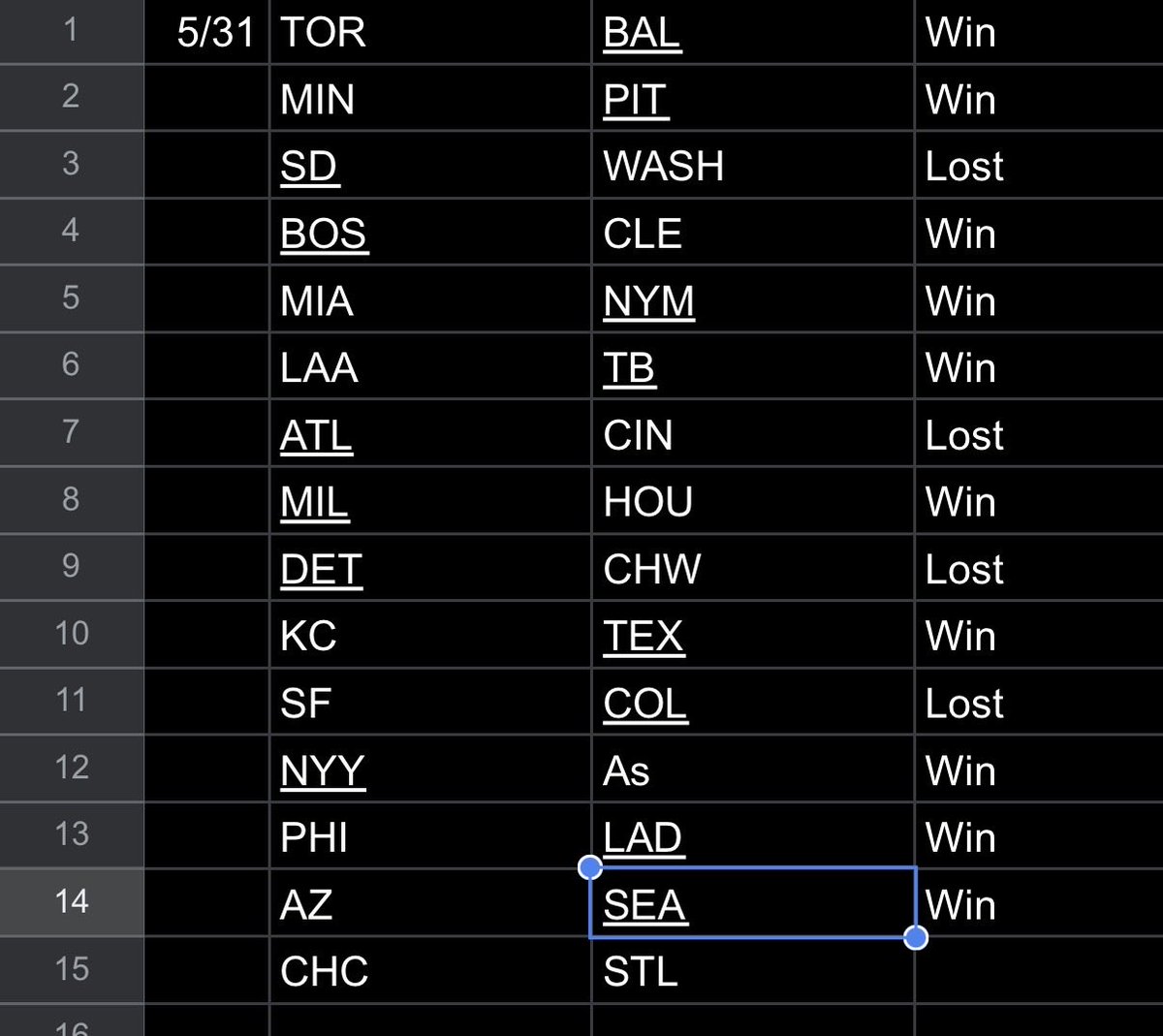 trak72's tweet photo. We didn’t bet Col game but model did have the home team. #MLB #edgebetting https://t.co/v7fDu01YjX