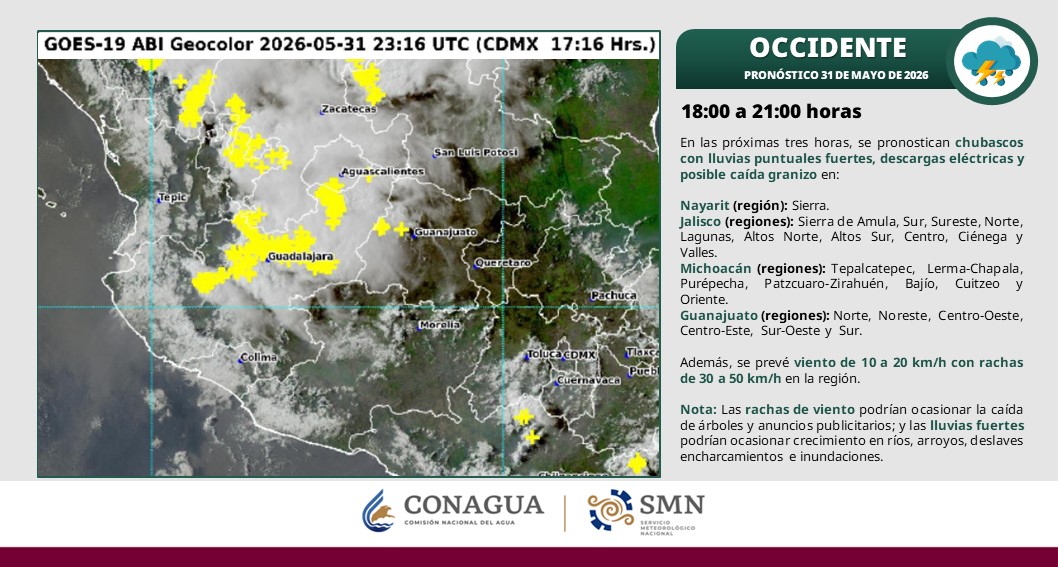 conagua_clima's tweet photo. Para las próximas horas se pronostican #Lluvias fuertes, #DescargasEléctricas y #Rachas de #Viento de 30 a 50 km/h en zonas del occidente de #México. https://t.co/GF62q4EVpp