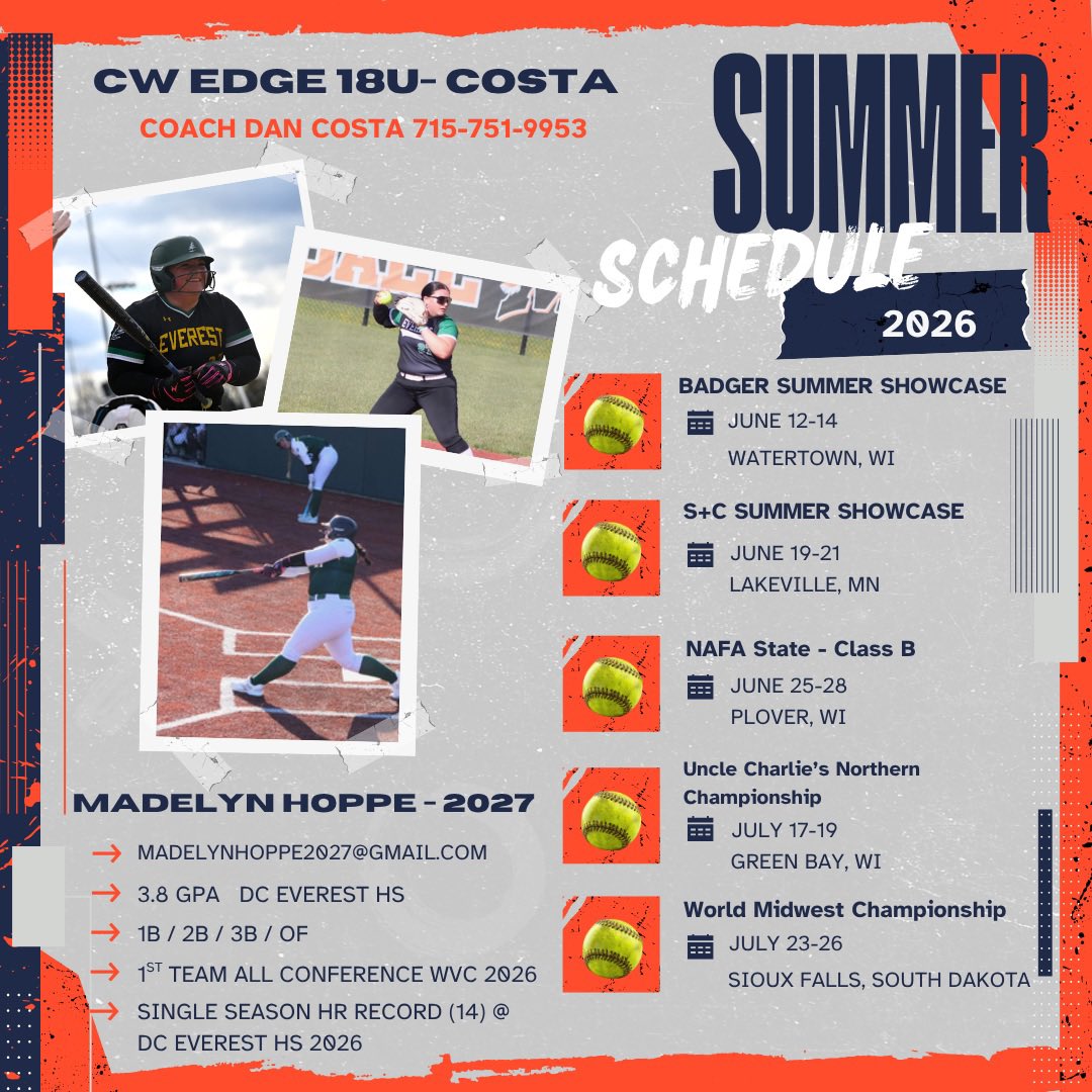 MaddieHoppe2027's tweet photo. Looking forward to the summer with my new team! 

Check out our schedule… Hope to see you there! Lots of local talent to watch! 

CW Edge 18U Costa 
@DCsoftballLife  
Coach Danny… Looking forward to playing for you this summer… let’s make it a good one!  🥎♥️💪

@BlugoldCoachH
@MidwestPremierS
@coachmwright3
@UNIsoftball #everloyal 
@BLCWSoftball 
@RVC_Softball
@UWSP_softball #DAWGSUP
@UWSPCoachRyan
@UWECSoftball 
@UWOSoftball1 #GoldStandard 
@MinnStSoftball 
@kristlewolcott
@NIACCTrojanSB
@packwsoftball
@SMUMNFastpitch
@UWP_Softball 
#RangerIMPACT