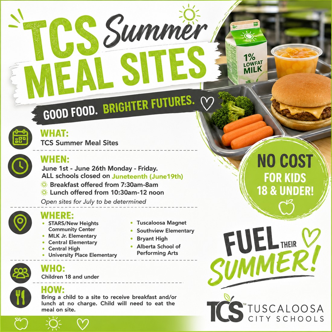 TCSBoardofEd's tweet photo. No child should go hungry this summer!

The Tuscaloosa City Schools will offer free breakfast and lunch for all children 18 and under from June 1-26 at meal sites across the community.

Breakfast: 7:30-8 a.m.
Lunch: 10:30 a.m.-12 noon
Multiple TCS locations across Tuscaloosa
Closed June 19 for Juneteenth

Children must be present, and meals must be eaten on site.
@STARS_TCS @MLK_Elem_TCS @CentralESChamps @GoCHSFalcons @UPES_Leads @TMSElementary @Southview_TCS @BryantStampede @TASPA_TCS @MikeDaria @tidecam @MarvinLLucas @AngieFMorrison @mikey_tolliver @LBlevins_ @ESPNupe @GRANTE1 @GilesVertis @wvua23 @TuscaloosaPatch @tuscaloosanews @tuscaloosacity @TuscaloosaPD @T_Town_Fire