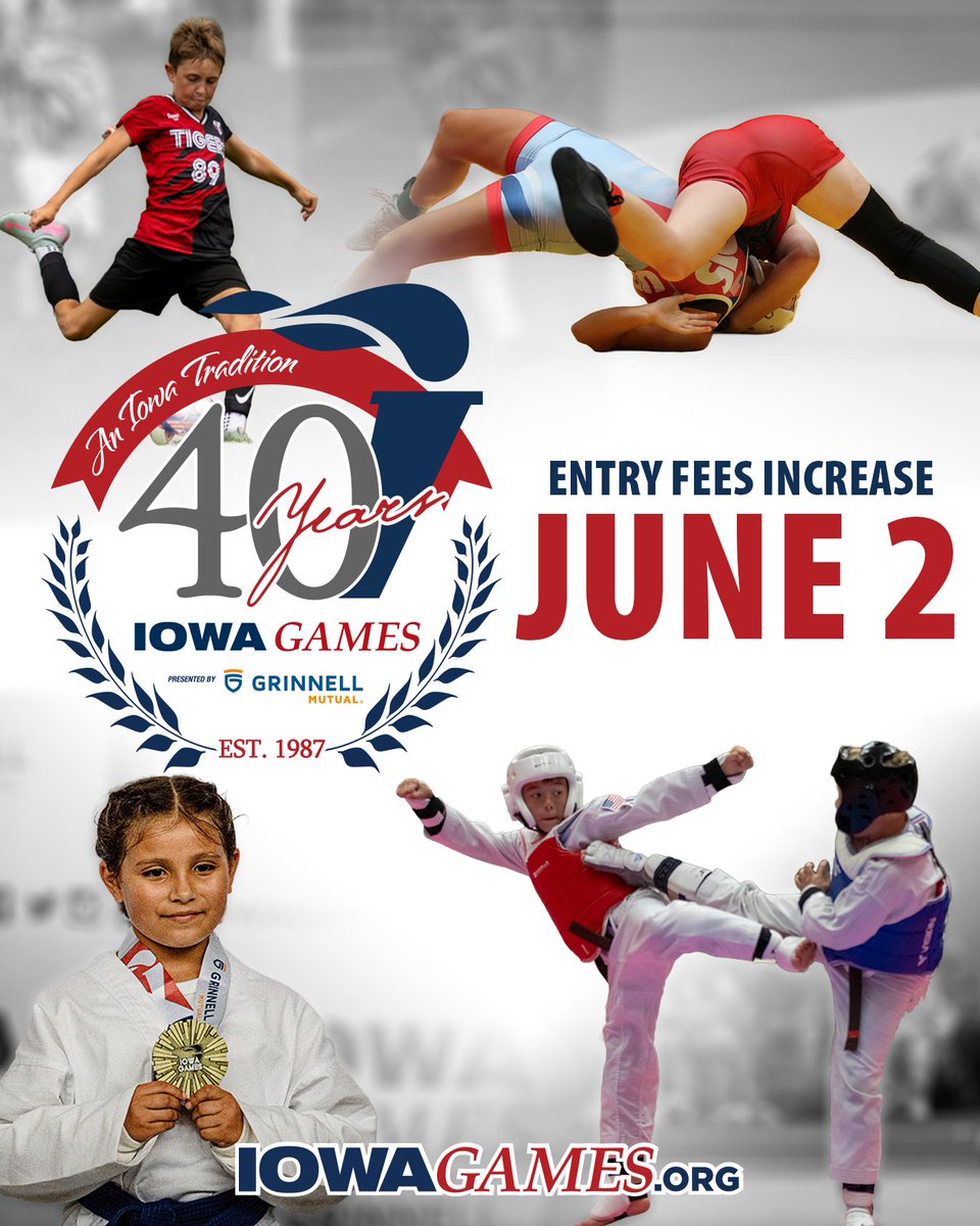 IowaGames's tweet photo. Join us in celebrating 40 amazing years! Lock in your spot and enjoy early savings—register before June 2 at https://t.co/iTnduRNrKF.

#IowaGames #IG40 #sports #athletes #tradition https://t.co/kisjHxGH9i