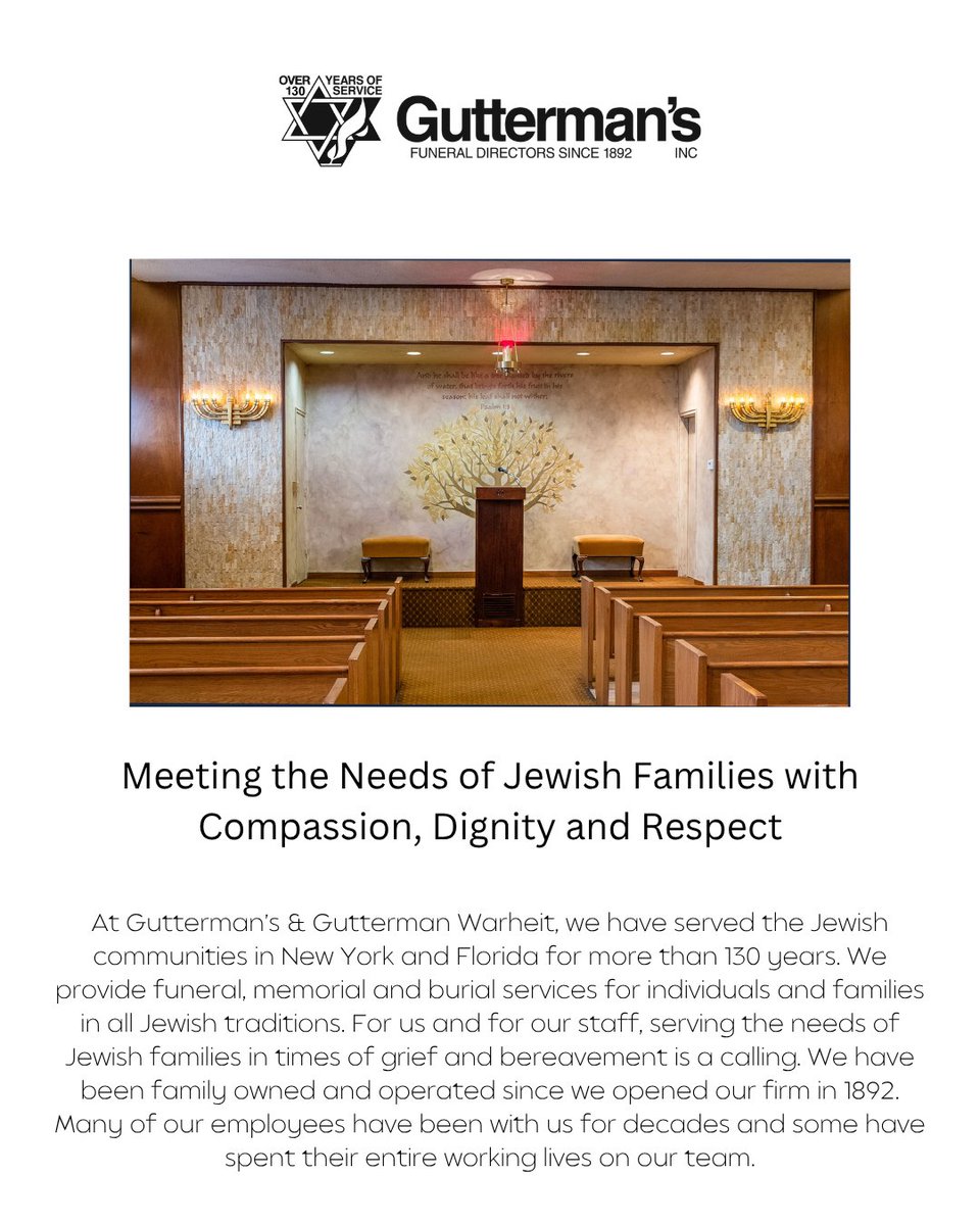 GuttermanFH's tweet photo. At Gutterman’s &amp; Gutterman Warheit, we have served the Jewish communities in New York and Florida for more than 130 years. We provide funeral, memorial and burial services for individuals and families in all Jewish traditions. https://t.co/Hb0Gf0bR6n