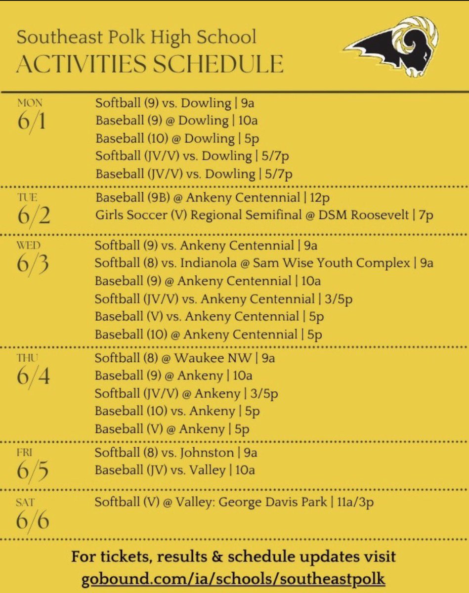 BoosterSep's tweet photo. Activities for the week of June 1. In addition the boys soccer team will play at 5:00 on Monday, June 1 against Des Moines Roosevelt at Valley, WDM in the quarterfinals of the state soccer tournament. https://t.co/sFWfaRp0En
