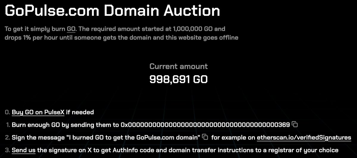 GoPulsecom's tweet photo. https://t.co/BMPtM1qVIb has shut down

📈 The $GO price is at ATH (up from 3000 to 5300 $PLS in a little over a year) - congratulations to all holders!
🔥 12,947,709 / 17,233,000 (~75%) of all GO have been burned

The domain will get gifted to the whoever is willing to burn the most $GO

Best of luck to everyone on #PulseChain