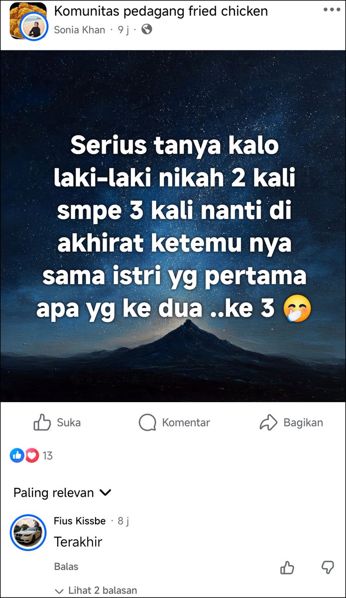 museumrandomNet's tweet photo. Grup fried chicken tapi bahasannya udah sampai simulasi akhirat 😭, komentar nya kalah abstrak lagi.

Menurut kalian,nanti di akhirat bakal ketemu sama istri yang ke berapa? 🤣 https://t.co/CCwQY3nClH