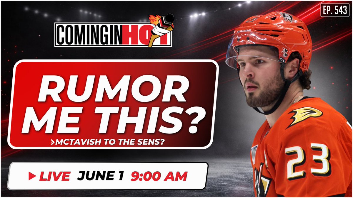 ComingInHotSens's tweet photo. LIVE SHOW! June 1st @ 9:00am et 🚨

➡️ Is Mason McTavish a good fit for the Sens? 👀

➡️ Having grown up near Ottawa, could a return home be in the cards? 🏠

➡️ Plus: We make our Cup Final predictions! 🔮

See you there!👇
https://t.co/BOJ3Wt5qNb https://t.co/4p2sr7z4MJ