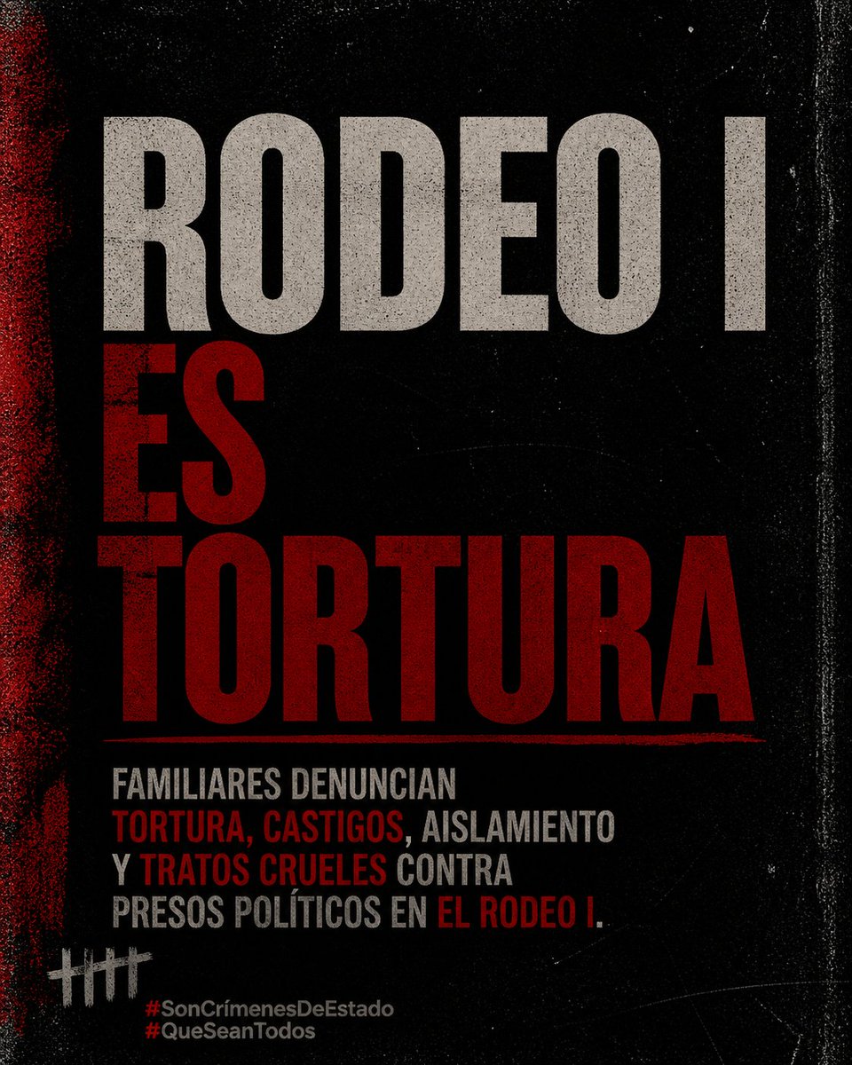 AndreinaBaduel's tweet photo. El Rodeo I es totura.

Los presos políticos son reprimidos con gases lacrimógenos, golpeados, amenazados y aislados.

Victor Quero y Carmen Navas fueron víctimas de la negación, la mentira, la burla y la inhumanidad de quienes dirigen El Rodeo I, en Venezuela. 

#SonCrímenesDeEstado
@clippve