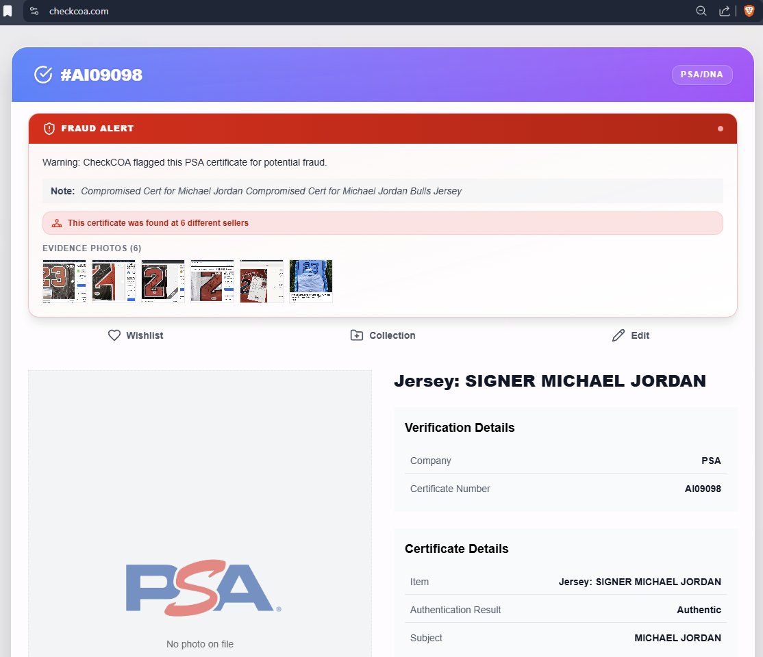 CheckCOA's tweet photo. @cardzNthings_ @PSAcard @Steve_Grad Thanks for sending the cert number - added it to CheckCOA. 

It is already connected to 5 other sellers in our tracker, all using the same PSA cert. https://t.co/udIg7NPS0R