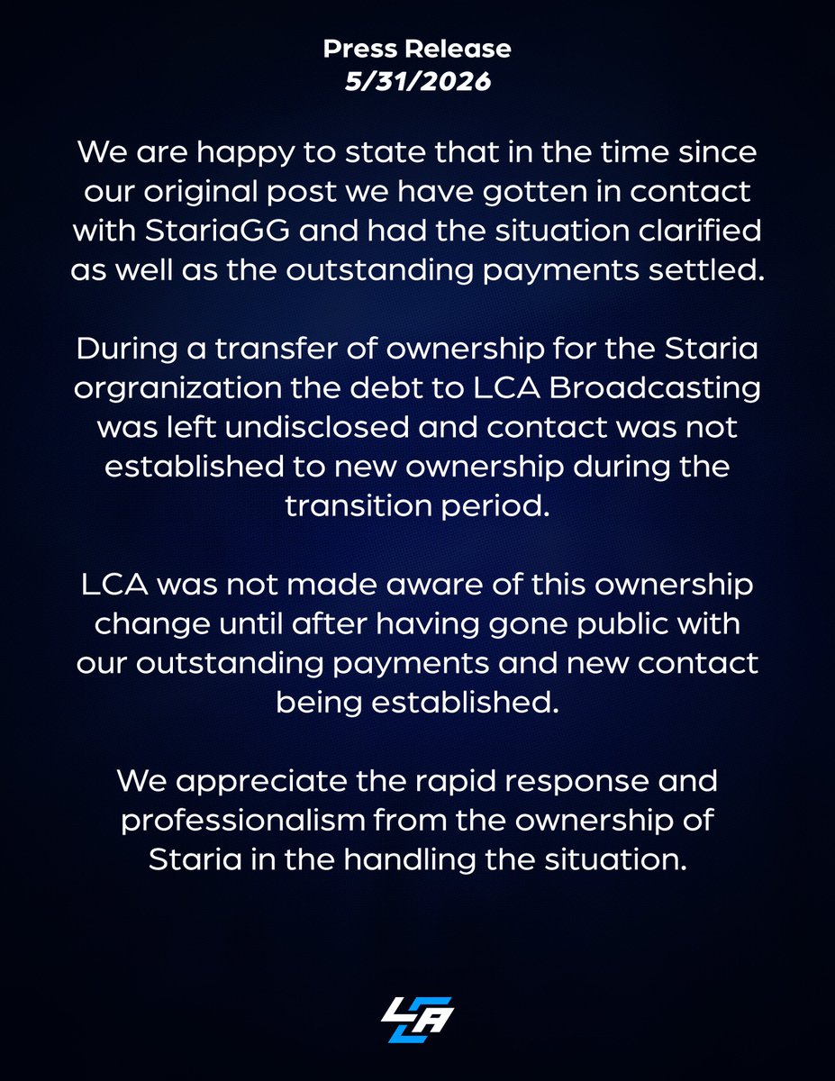 LCABroadcasting's tweet photo. An update regarding @StariaGG 

We appreciate the organization in the hasty response and handling of the situation as well as their professionalism in the matter.

Similarly, we are happy to report that the outstanding payments have been settled, you can read more here ⬇️ https://t.co/70oiXg6Phs