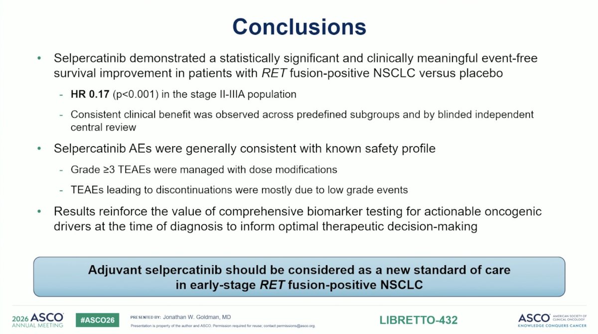 StephenVLiu's tweet photo. #ASCO26 AEs as expected; most common was LFTs. Rate of discontinuation of selpercatinib was 17% - would value granularity as to specific AE that led to discontinuation. Overall - fits the expected paradigm set by ADAURA and ALINA and sets new standard of care effective now. https://t.co/rEMaRRxsH4
