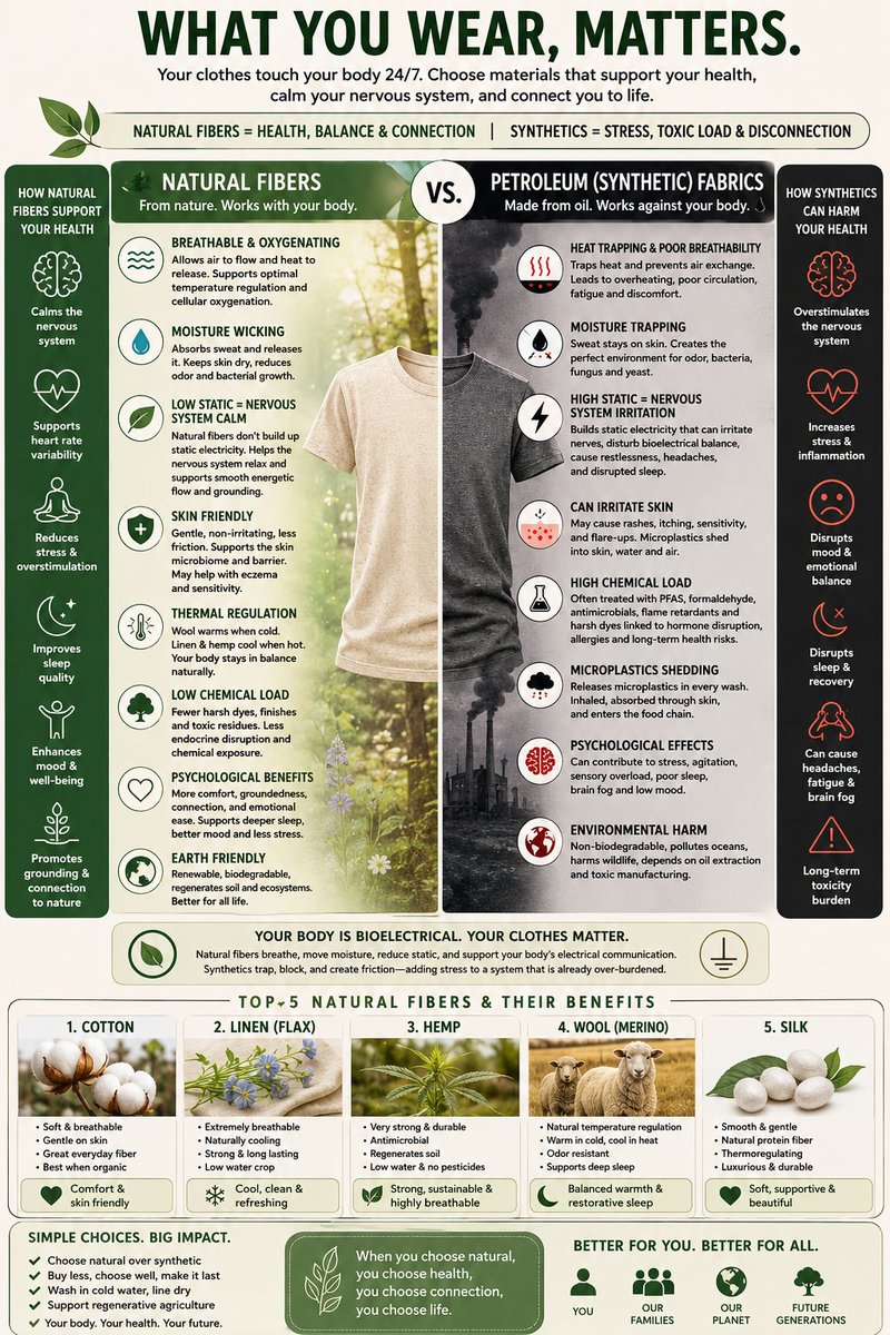 holonabove's tweet photo. What people are beginning to rediscover is that clothing is not just fashion... 

It is a constant environmental input interacting with the skin, nervous system, temperature regulation, bioelectric signaling, microbiome, and psychological state all day long... 

The human body itself operates through tiny electrical impulses, ion exchanges, heart rhythms, brain waves, and electromagnetic communication networks...

Which means the materials wrapped around the body can absolutely influence comfort, stress, irritation, and overall regulation... 

Petroleum-based synthetic fabrics like polyester, nylon, and acrylic tend to trap heat, trap moisture, increase static buildup, hold odors and chemicals, and create a kind of low-grade friction many sensitive people feel but cannot always explain... 

Static electricity itself can become irritating to the nervous system because the body is constantly attempting to maintain electrical balance while also dissipating heat and regulating sensory input... 

Meanwhile natural fibers like cotton, hemp, linen, wool, and silk breathe with the body instead of against it... 

They release moisture, reduce static, regulate temperature naturally, and often create a calmer tactile experience that allows the nervous system to settle instead of remaining in subtle environmental agitation... 

Psychologically, people often report feeling more grounded, emotionally relaxed, less overstimulated, sleeping deeper, and generally more connected to their environment when surrounded by natural materials instead of plastics, synthetic fragrances, harsh dyes, and petrochemical textures... 

Over time this becomes larger than clothing alone because the body begins responding to cumulative inputs across food, water, light, sound, fabrics, air quality, and stress load as one interconnected system rather than isolated parts...