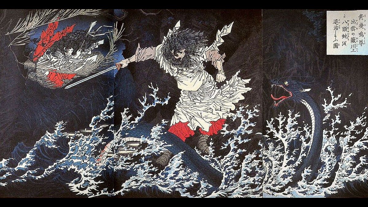 JapanTraCul's tweet photo. Susanoo slaying the Yamata no Orochi, by Yoshitoshi, by Tsukioka Yoshitoshi, 1887 https://t.co/6uqed818IE