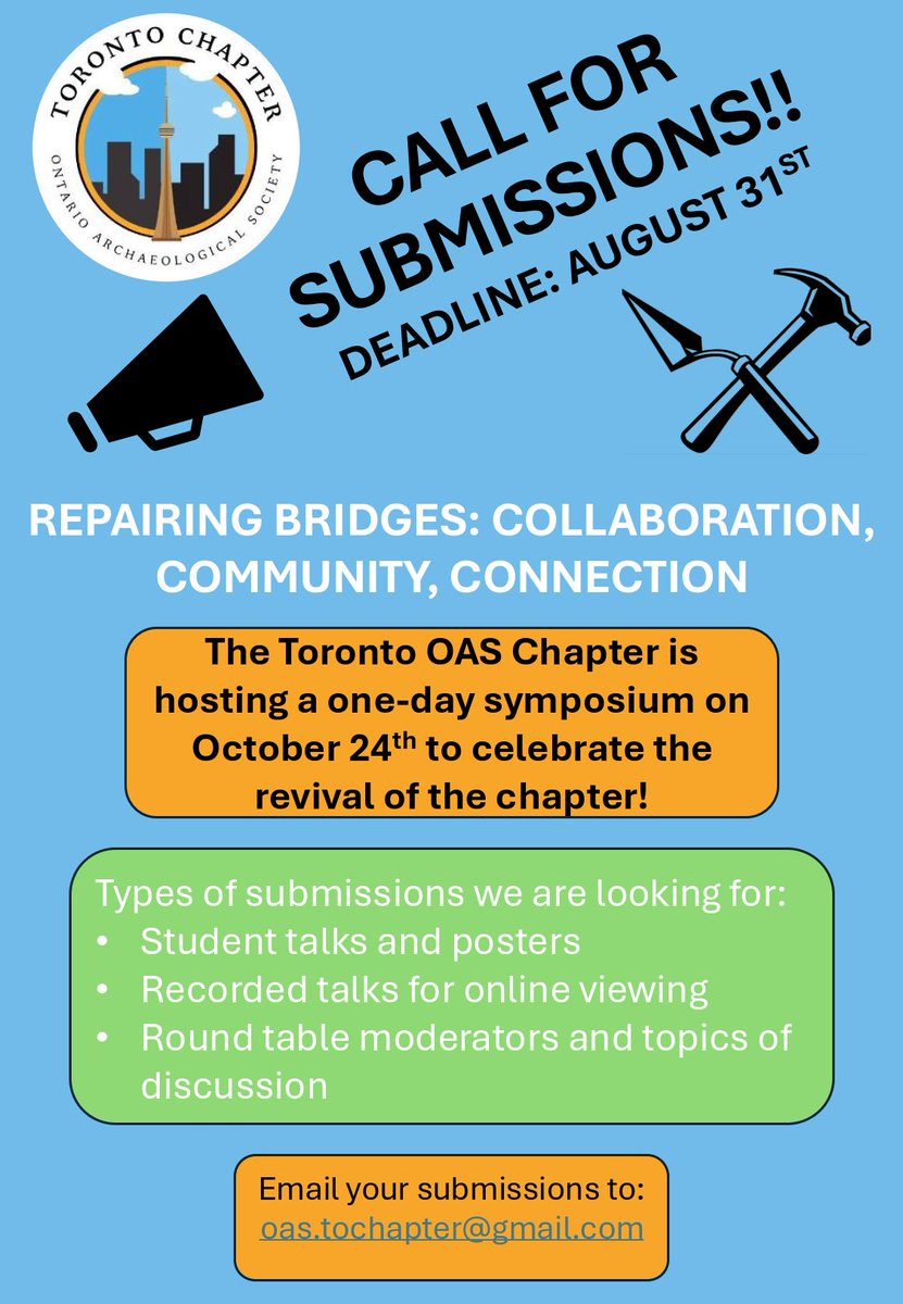 OntArchSoc's tweet photo. The Toronto Chapter is hosting a one-day symposium for the relaunch of the chapter, and are accepting submissions!

Attached is an information flyer with more details on the theme, the type of research and discussions sought, and potential round table discussion topics. https://t.co/y9USUTOETF
