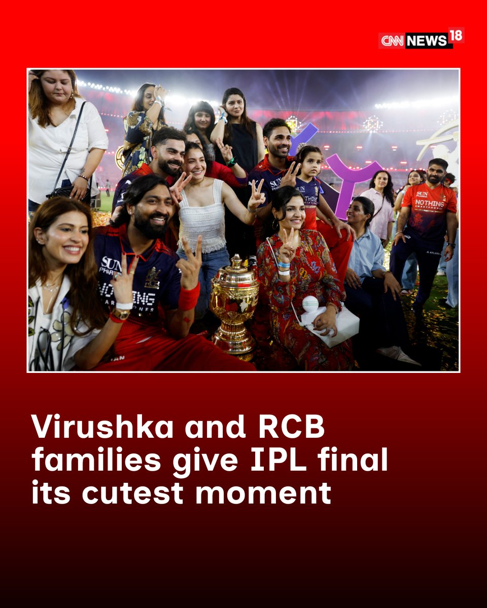 CNNnews18's tweet photo. Amid the confetti, celebrations and trophy lifts — the sweetest highlight came off the pitch ❤️🏆

RCB players celebrated with their biggest support system by their side as families joined the victory scenes after the IPL 2026 triumph. And as always, Virushka stole hearts while posing together for the cameras. 🥹✨

Champions on the field, unforgettable moments with family beyond it. ❤️🏏

#RCB #Virushka #ViratKohli #IPL2026 #Champions
