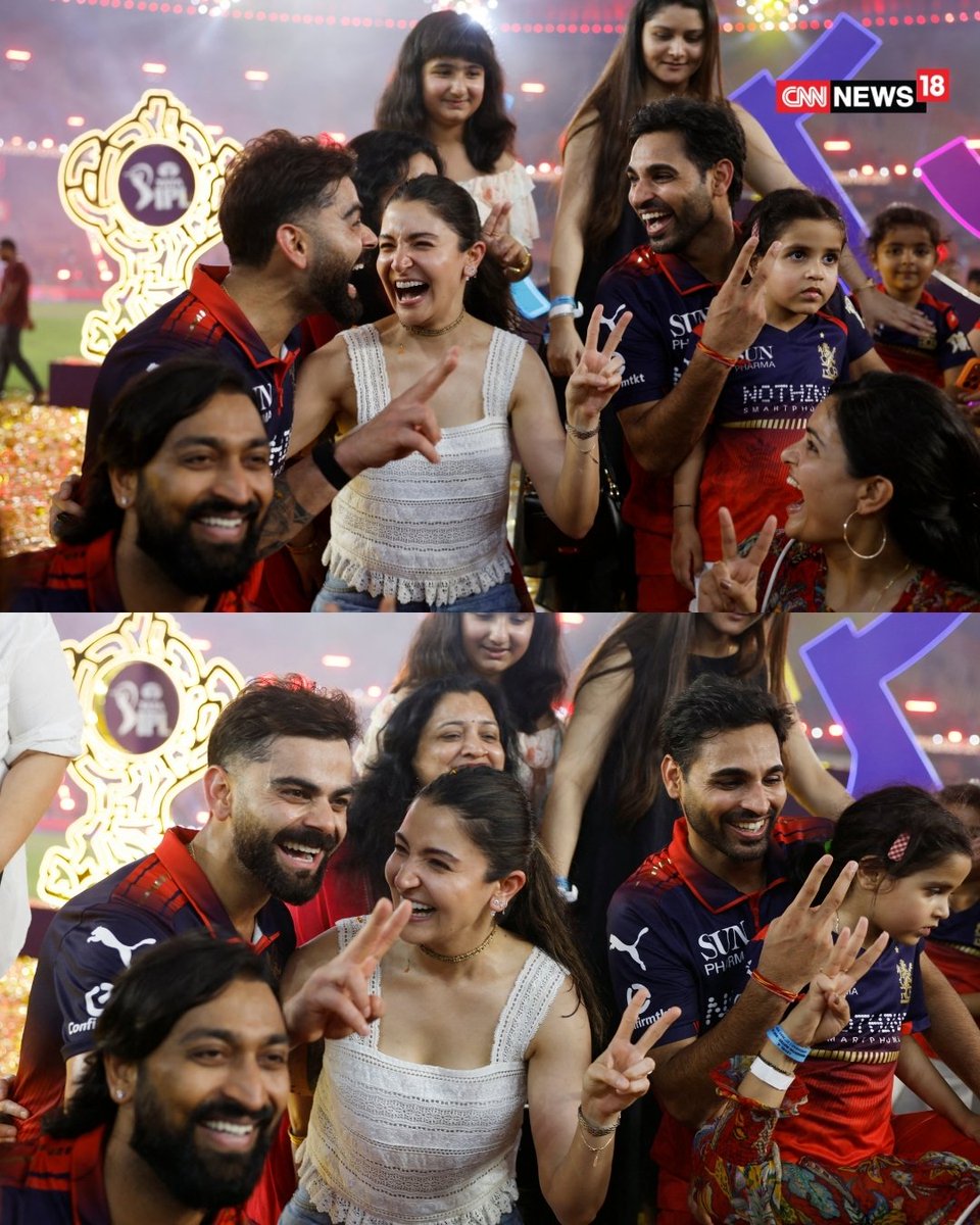 CNNnews18's tweet photo. Amid the confetti, celebrations and trophy lifts — the sweetest highlight came off the pitch ❤️🏆

RCB players celebrated with their biggest support system by their side as families joined the victory scenes after the IPL 2026 triumph. And as always, Virushka stole hearts while posing together for the cameras. 🥹✨

Champions on the field, unforgettable moments with family beyond it. ❤️🏏

#RCB #Virushka #ViratKohli #IPL2026 #Champions