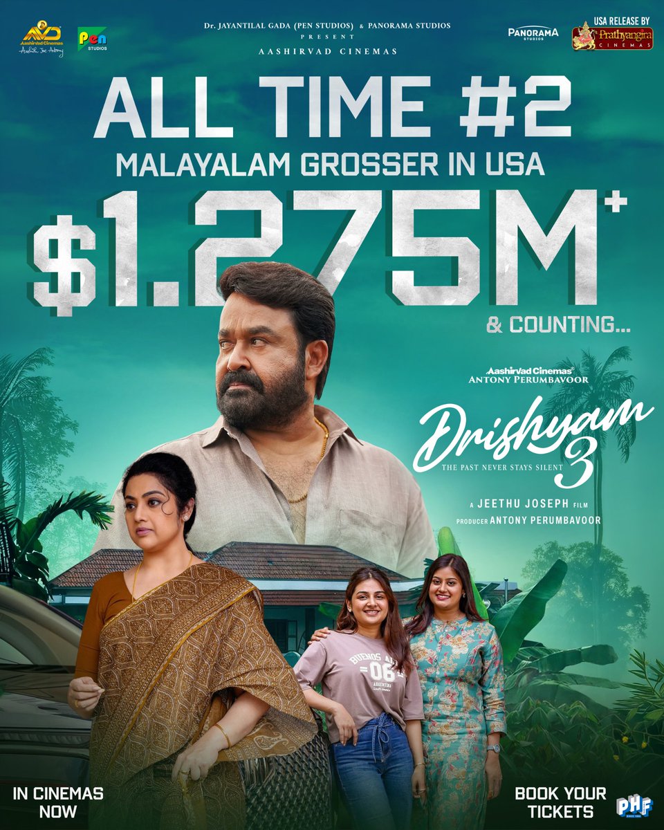 PrathyangiraUS's tweet photo. The King Of Malayalam Cinema Roars Again ❤️‍🔥

ALL TIME #2 MALAYALAM GROSSER IN USA ❤️🔥

#Drishyam3 USA Gross $1.275 Million and Counting 💥

🎟️ https://t.co/zc8bb7k8Rw

USA By @PrathyangiraUS, In Cinemas Now 

@Mohanlal @jeethu4ever @antonypbvr @KumarMangat @jayantilalgada @pharsfilm @AbhishekPathakk #MeenaSagar @aashirvadcine @PanoramaMovies @PenMovies @ram_rampagepix @Rajeshmenon1969 @Abh1navMehrotra @drishyam3movie