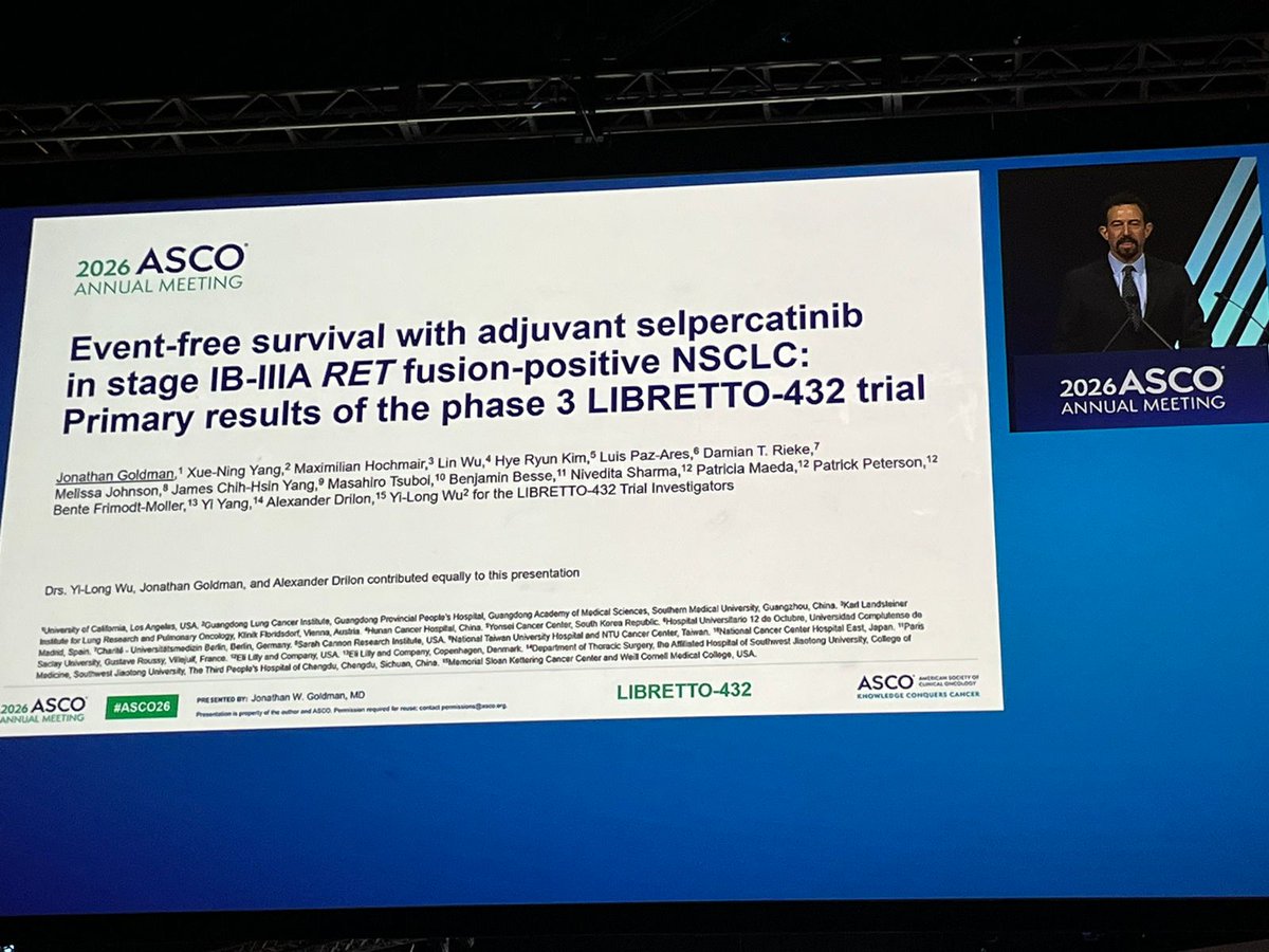 resp_completa's tweet photo. 🚨 #ASCO26 | Plenary session

LIBRETTO-432 - Phase 3 adj selpercatinib in EC IB-IIIA RET+ NSCLC

EFS 24m - 91,5 vs 61,1% (HR 0,17)✅️

Questions remain on adjuvant targeted therapy duration, CNS benefit &amp; OS 

#Onctwitter #Oncology
@alexdrilon @Oncoalert @FordePatrick https://t.co/6zOQXfHzY9
