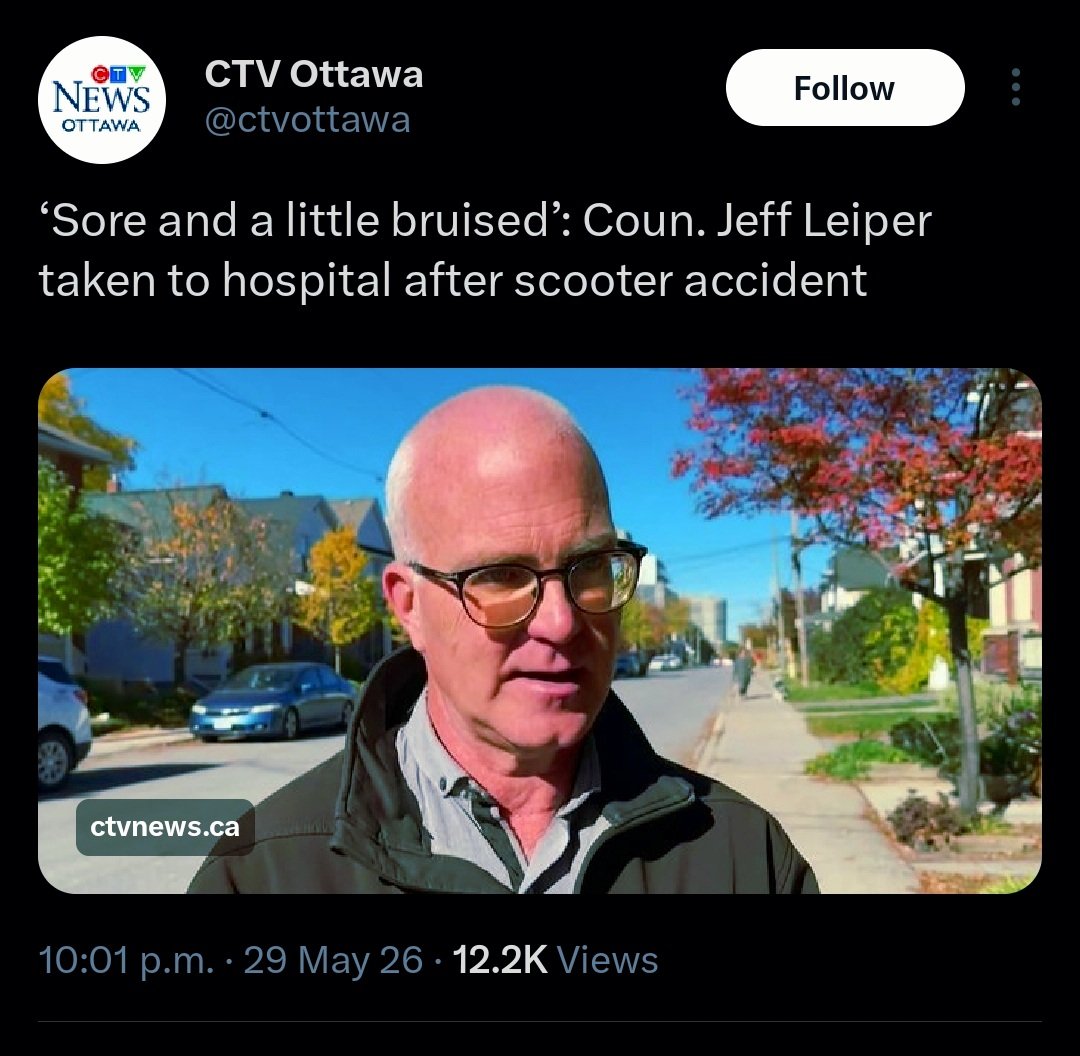 OttawaPro's tweet photo. Cycling enthusiast jeffrey Leiper uses his own scooter to demonstrate our health care system benefiting scooter rental companies which don't pay for human repairs, while operating on Ottawa sidewalks and streets https://t.co/oJPQgBwgTb https://t.co/jj3ORiuElh