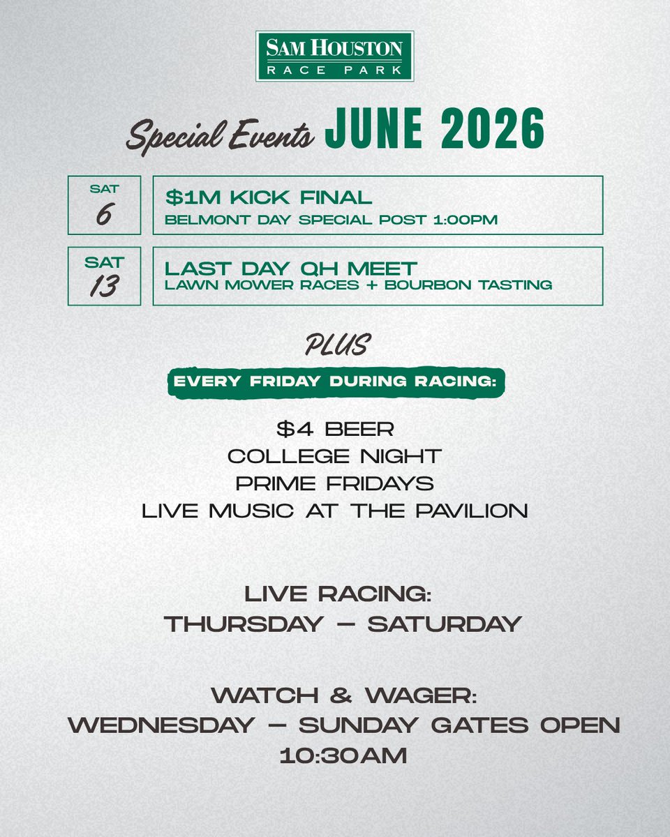 SHRP's tweet photo. Houston, we've got 2 weekends of live Quarter Horse racing left.🏆 

See you trackside.🐴💚 

🎟️ https://t.co/agp564Fs22 https://t.co/2sDHjY5WFh
