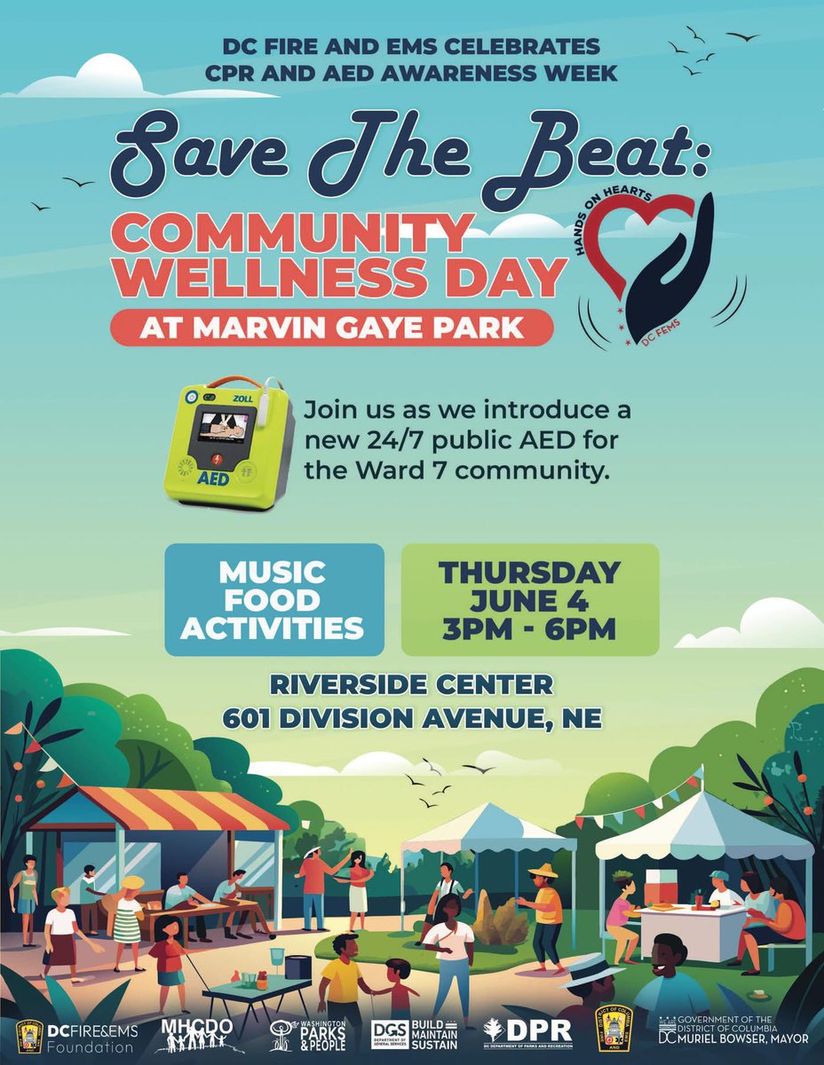 dcfireems's tweet photo. Join #DCsBravest as we celebrate CPR and AED Awareness Week

Save the Beat: Community Wellness Day…

Thursday, 6/4/26
3 pm - 6 pm
Marvin Gaye Park/Riverside Center
601 Division Avenue NE

Be there as we cut the ribbon on a new 24/7 public Automated External Defibrillator (AED) https://t.co/D1tX0T6TMr