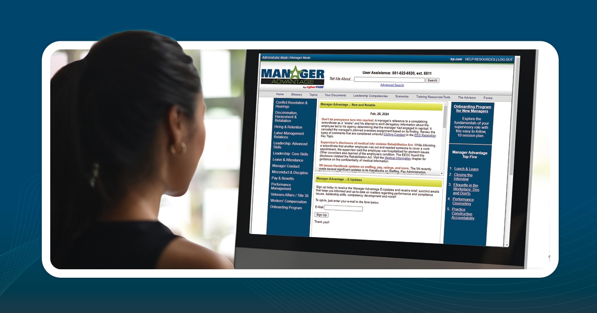 FDRTraining's tweet photo. One misstep by a manager or supervisor can cause big problems for employees and management — and can be costly for your agency. Your solution? #ManagerAdvantage! Start your FREE trial now: https://t.co/95GUzZpcwq https://t.co/JpwRcyUGKf