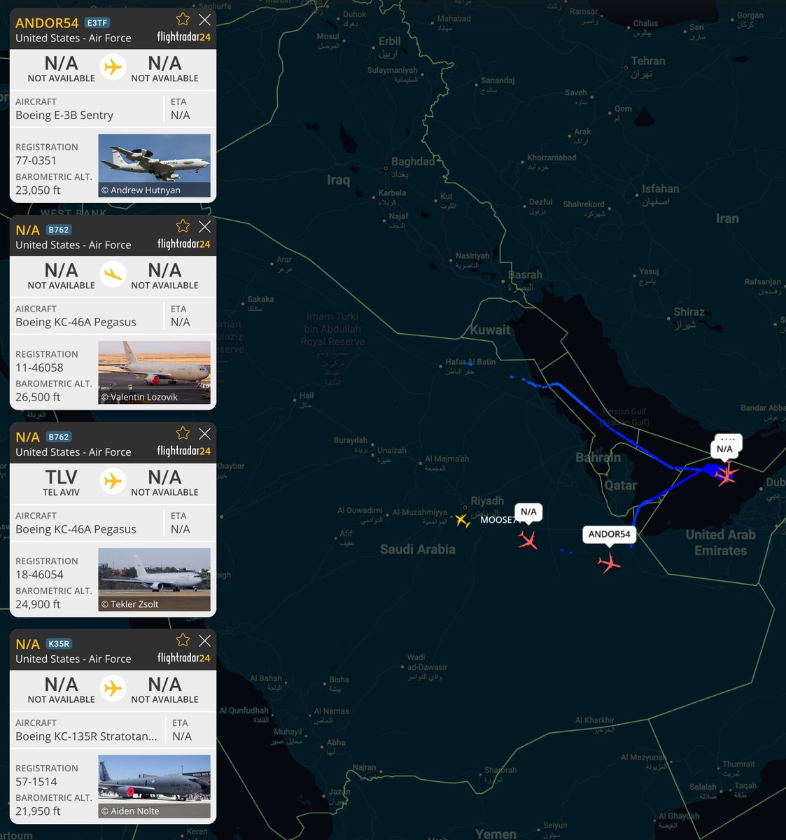 ArmchairAdml's tweet photo. #USAF United States Air Force
Boeing E-3 Sentry 1x
#AE11DF 77-0351 - ANDOR 54
Boeing KC-46 Pegasus 2x
#AE5FA5 11-46058 - YETI ??
#AE5FA1 18-46054 - YETI ??
Boeing KC-135 Stratotanker 1x
#AE058B 57-1514 - Unknown C/S
Three tankers and a single E-3 visible over CENTCOM tonight, via @flightradar24