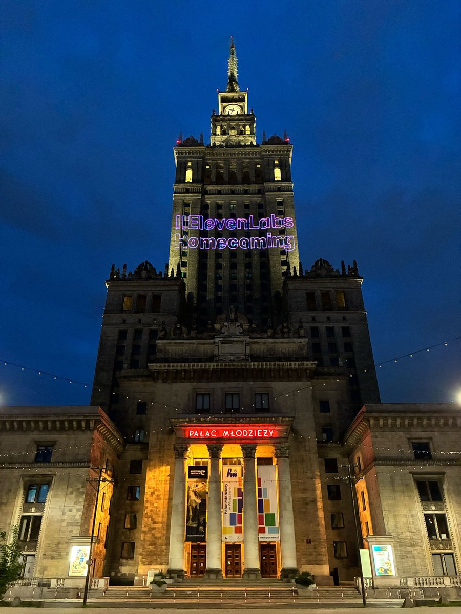 angy_knill's tweet photo. Very cool to see Warsaw’s iconic Palace of Culture and Science lit up for the ElevenLabs Summit tomorrow. https://t.co/PVEVmvPFfH