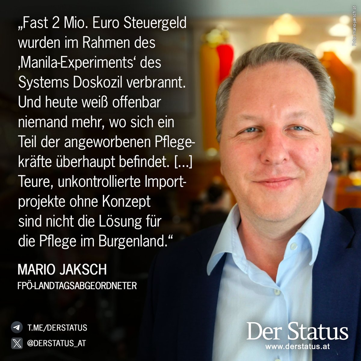 derStatus_at's tweet photo. Das Einfliegen von 50 Pflegern von den Philippinen kommt den Steuerzahler teuer zu stehen - und das Doskozil-System mauert, wenn es um Transparenz geht. Diese Schiefstände brachte eine FPÖ-Anfrage zutage.

Mehr dazu:
https://t.co/no6hkyw5P5 https://t.co/6msEo4L0Io