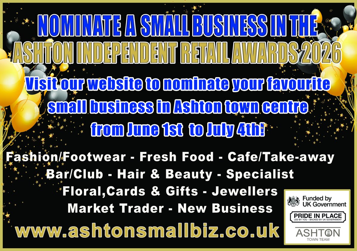 TamesideCorr's tweet photo. Shoppers are being invited to show their support for Ashton-under-Lyne’s independent businesses as voting opens for the Ashton Independent Retail Awards 2026.

Organised by Ashton Town Team, the awards celebrate the retailers, traders, cafés, salons and hospitality venues that help keep the town centre thriving.

Voting opens on June 1 and will run throughout the month, with winners set to be announced from July 14.

Read more: https://t.co/8T6CCnxdTp
