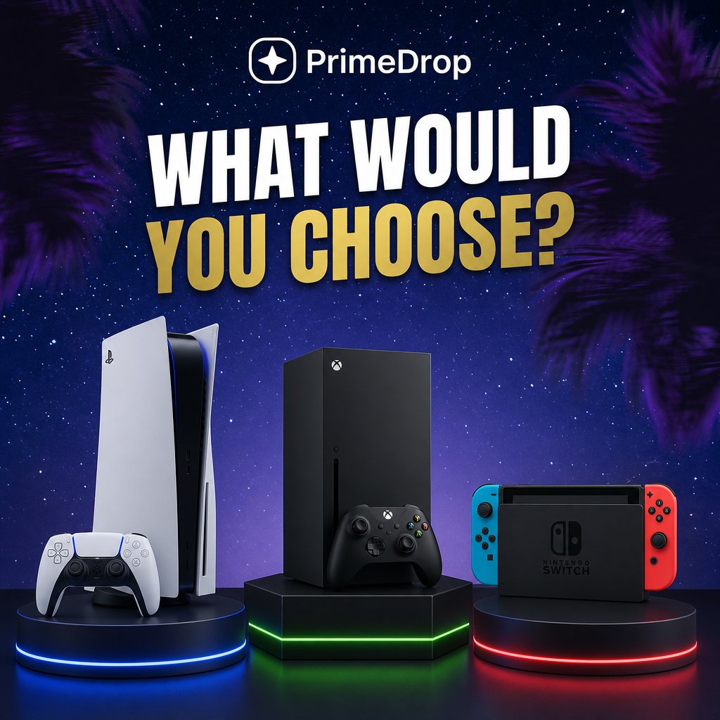 PrimeDropOff's tweet photo. You can only pick one.

▫️ PS5
▫️ Xbox Series X
▫️ Nintendo Switch

What's coming home with you? https://t.co/NIE1QkEO4n