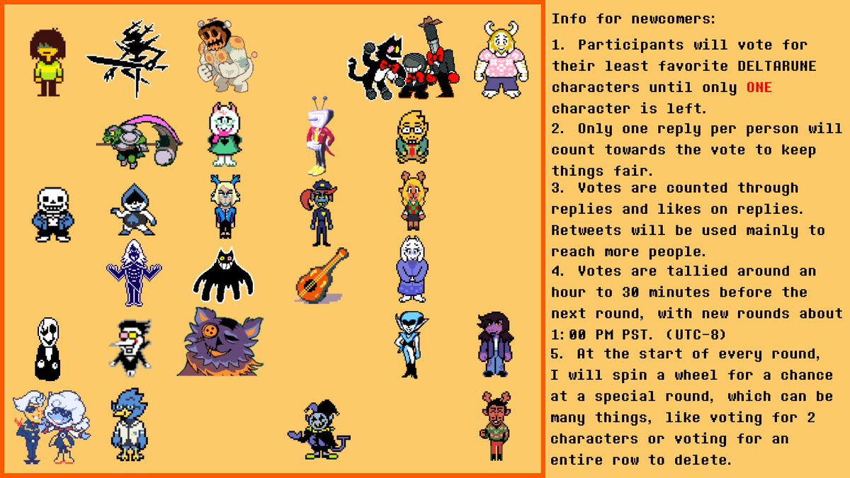 dessriell's tweet photo. UTDRTWT ELIMINATION GAME ROUND 9

KING HAS BEEN VOTED OUT AND WILL BE PERMANENTLY ERASED.

THE WHEEL HAS BEEN SPUN. THERE WILL BE NO SPECIAL ROUND THIS TIME.

REPLY WITH *ONE* CHARACTER TO DELETE. https://t.co/yMwK46pL1k
