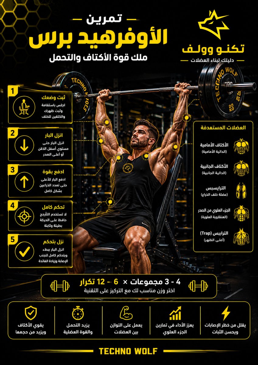 TechWLF's tweet photo. تمرين الأوفرهيد برس
ملك قوة الأكتاف والتحمل 🏋️‍♂️

ثبت جسمك
لا تقوس ظهرك
وادفع الوزن للأعلى بتحكم كامل 💪

تمرين يبني الأكتاف، الترايسبس وقوة الجزء العلوي بالكامل 🔥

وزن مناسب + تكنيك نظيف = نتائج قوية 👌

تبي جدول تمارين؟
https://t.co/XuYlo39Bkc https://t.co/uMT131D1UC