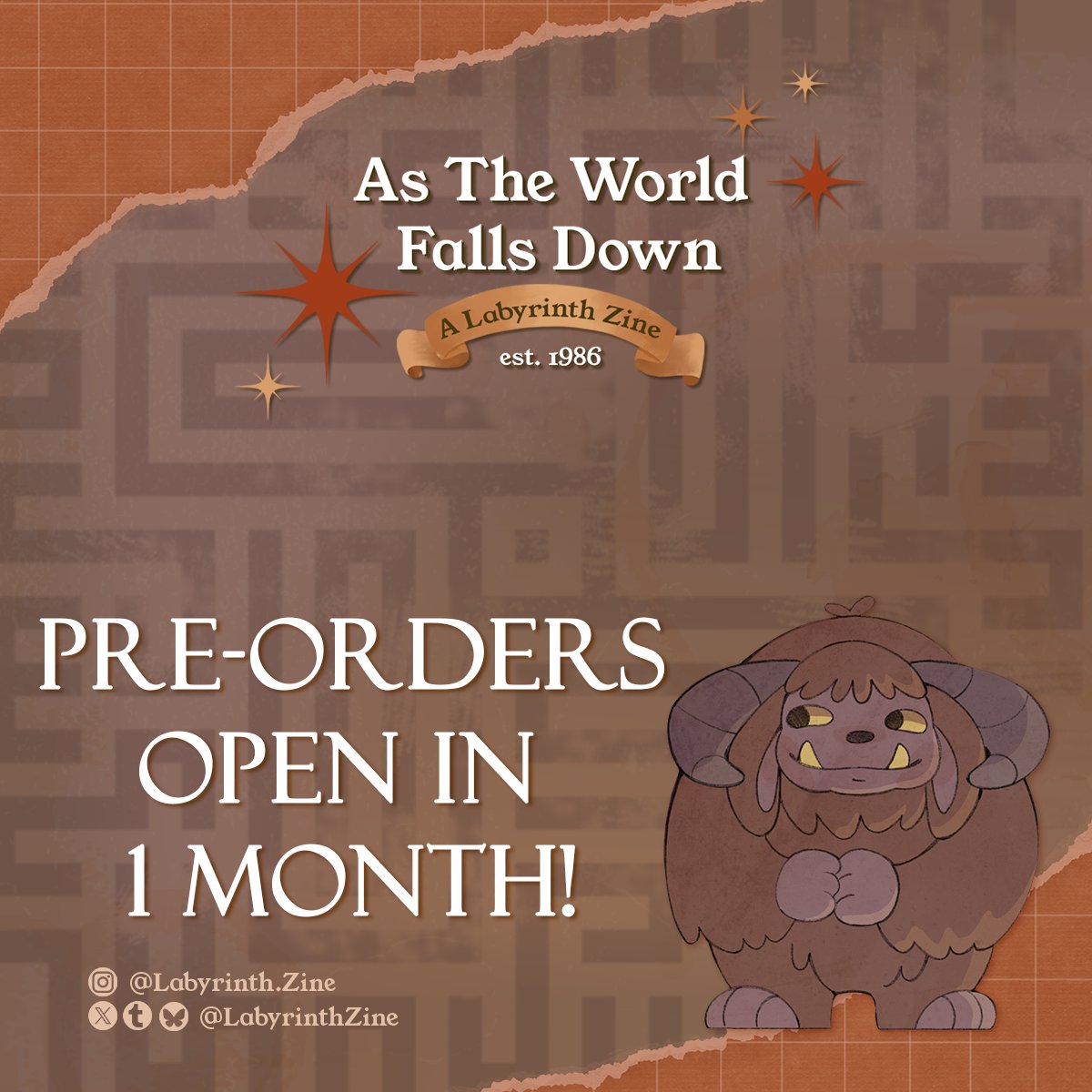 LabyrinthZine's tweet photo. 🔮1 MONTH TILL PRE-ORDERS OPEN🔮

Can you believe it?! In 1 MONTH our pre-orders will be opening and you will be getting your hands on the finest merch and stories about our favourites in Labyrinth! https://t.co/FezTIkyCBQ