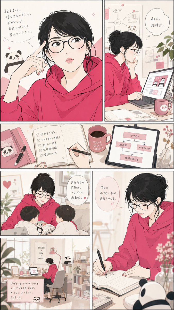 mmmiyama_D's tweet photo. ChatGPTで汎用的に使えそうな自己紹介漫画、できました！前回の水彩風の別verです。
SNSのプロフ画面をスクショ＋プロンプトの、1ページエモ漫画。今度は落ち着いた配色の漫画にしてみました。お試しください😊 
👇プロンプトはこちら https://t.co/nEUjaSp2KI