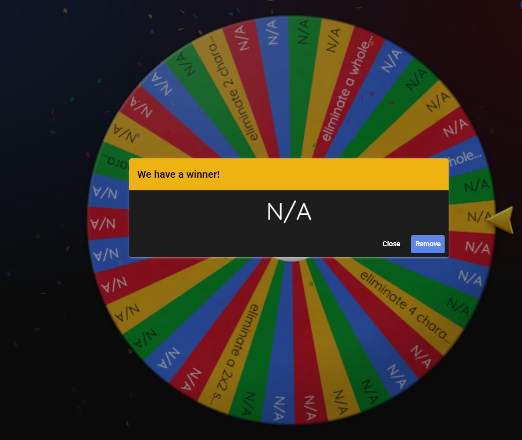 dessriell's tweet photo. UTDRTWT ELIMINATION GAME ROUND 9

KING HAS BEEN VOTED OUT AND WILL BE PERMANENTLY ERASED.

THE WHEEL HAS BEEN SPUN. THERE WILL BE NO SPECIAL ROUND THIS TIME.

REPLY WITH *ONE* CHARACTER TO DELETE. https://t.co/yMwK46pL1k