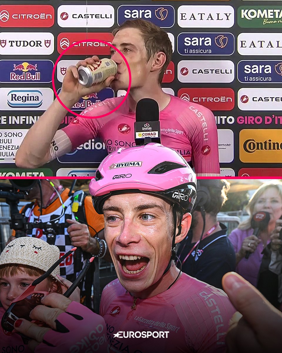 Eurosport_IT's tweet photo. Stima totale per Vingegaard che dopo aver vinto il suo primo Giro d'Italia della carriera ed essersi commosso, si concede una bella birra in lattina 🍺🩷

#EurosportCiclismo #GirodItalia #Vingegaard https://t.co/ts6XBaN0nU