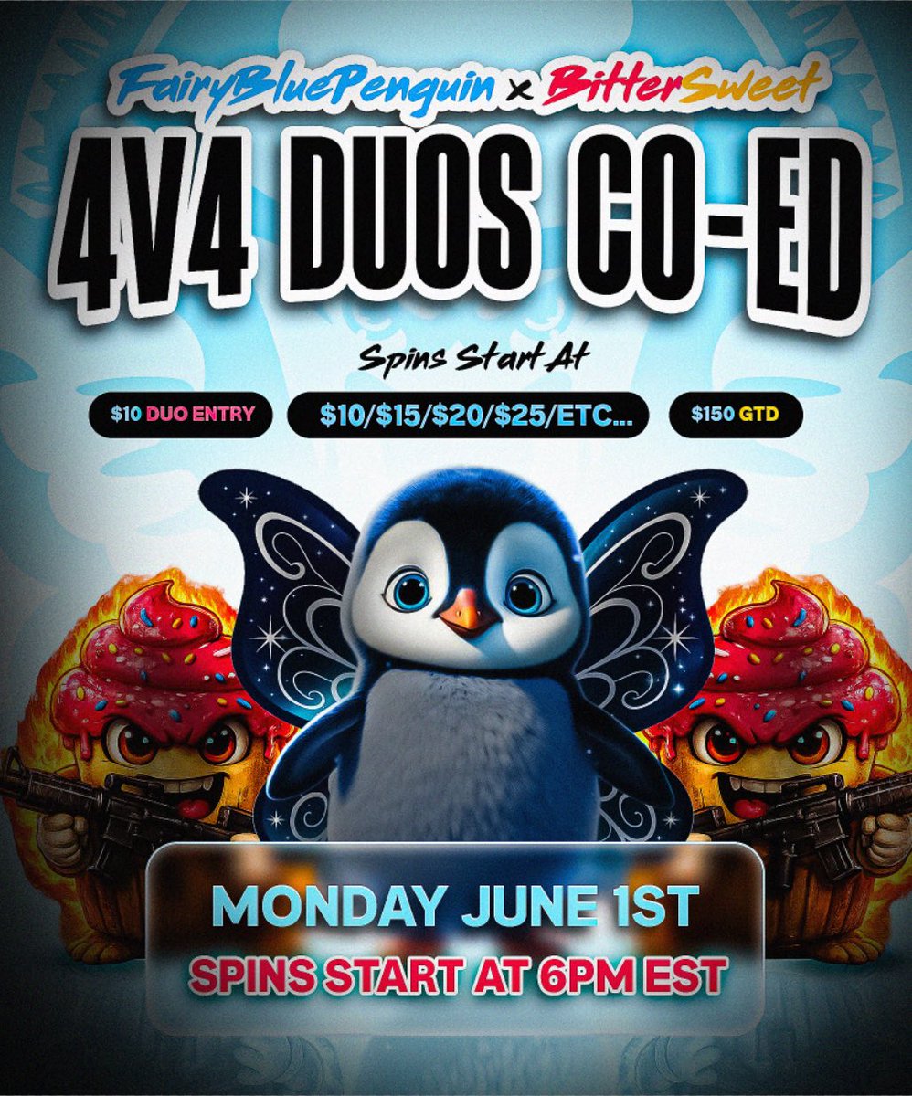 BitterSweetGG's tweet photo. The FBP x Bittersweet Co-ed Variant!

🗓️: Monday June 1st 

Sign up with your duo 👀

$150 GTD + Spins!

Link to join: https://t.co/YHN3TXTmjw

We’ll see you there! 👋 https://t.co/Vi0Zc15yHn