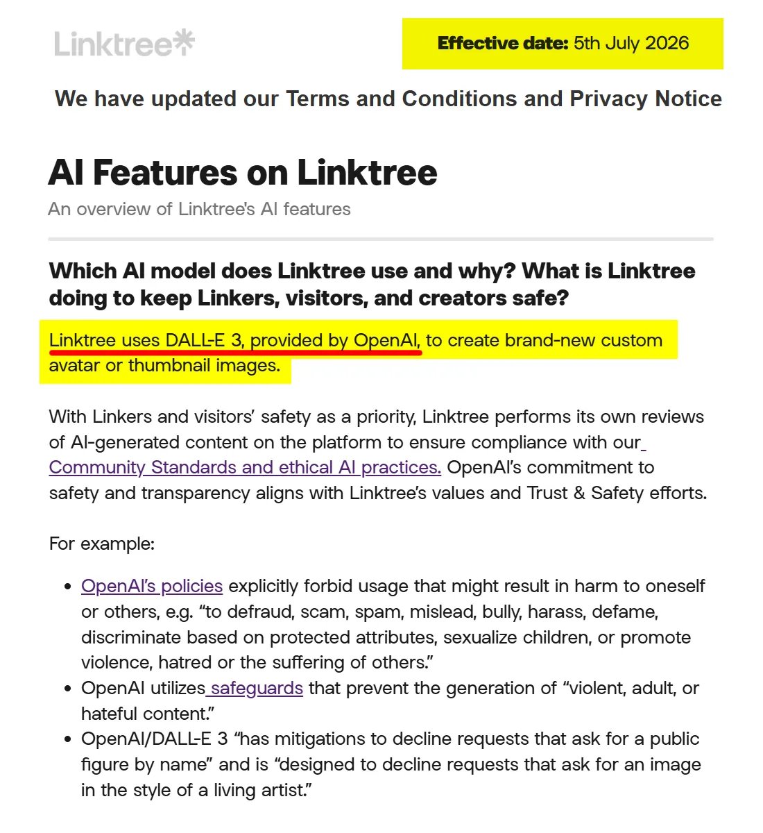 defsiarte's tweet photo. IMPORTANT: For any artists/writers/etc etc, using Linktree to point  people to their work, from 5 July, they'll be feeding all imagery you  use on your landing page into DALL-E by OpenAI. https://t.co/i4UMQZA8oR
