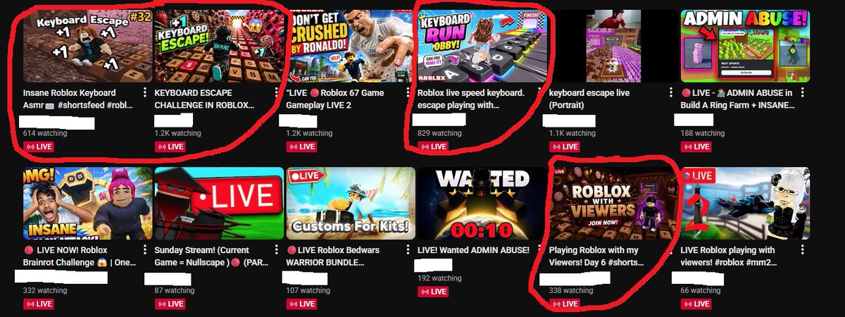 PlayedCraft's tweet photo. Ok @YouTube @TeamYouTube this is why some live streamers get discouraged.  We have replays of looped game footage taking over the livestream feed.  These  fake livestreams circled in red are taking over the #roblox livestream scene.  Please get this fixed! https://t.co/7YWxROpNcq