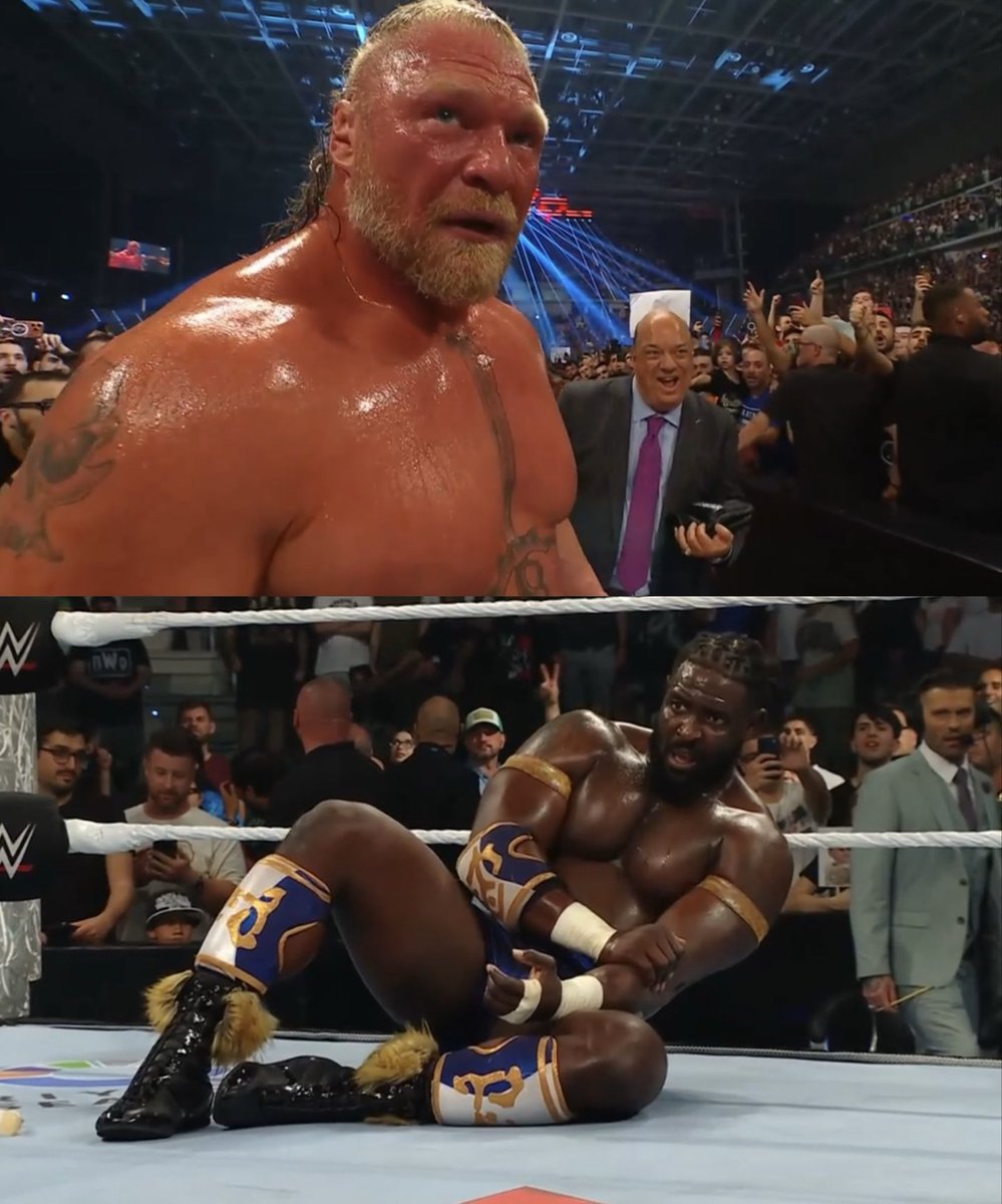 DejectedGeezer's tweet photo. Brock Lesnar defeated Oba Femi, but not before Oba had already kicked out of several F5's.

Having a rookie tank multiple F5's is absurd. The F5 should be protected. Feels like finishing moves are losing all meaning in modern WWE matches. #WWEClash https://t.co/ZGYzHZBbNz