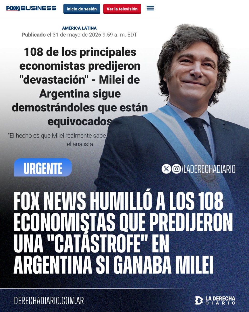 laderechadiario's tweet photo. 🚨🇦🇷🇺🇸 | EXCELENTE: El medio derechista estadounidense Fox News humilló a los 108 economistas que en 2023 firmaron una carta pronosticando una “catástrofe” en Argentina si Javier Milei ganaba las elecciones.

“Milei sigue demostrando que estaban equivocados”. https://t.co/QMk3tiwLgg