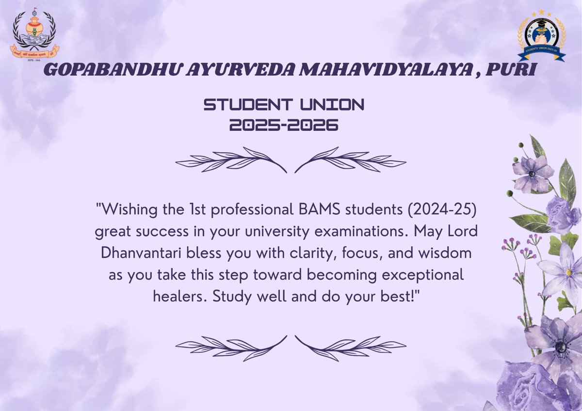 gam_puri's tweet photo. To our 1st professional BAMS Seniors 2024-25, The Student Union wishing you all immense success in your university exams! 🎓 May Lord Dhanvantari guide you with clarity, focus, and wisdom as you embark on this journey to becoming exceptional healers. ✨      "BEST OF LUCK"👍🏼 https://t.co/yZ9wo5VALm