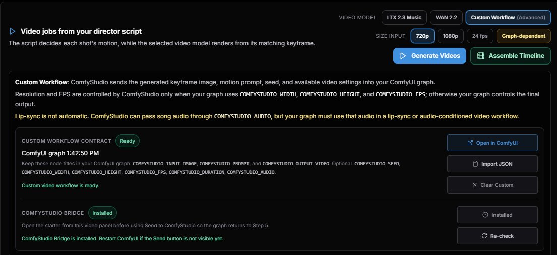 comfystudiopro's tweet photo. 1/5
Big ComfyStudio update: custom ComfyUI workflows are now working inside the Music Video Creator.

You can bring your own ComfyUI API workflows into Step 4 for keyframes/images and Step 5 for videos.

Video:
https://t.co/XzZvZUChPC https://t.co/1Dxlk6P2h0
