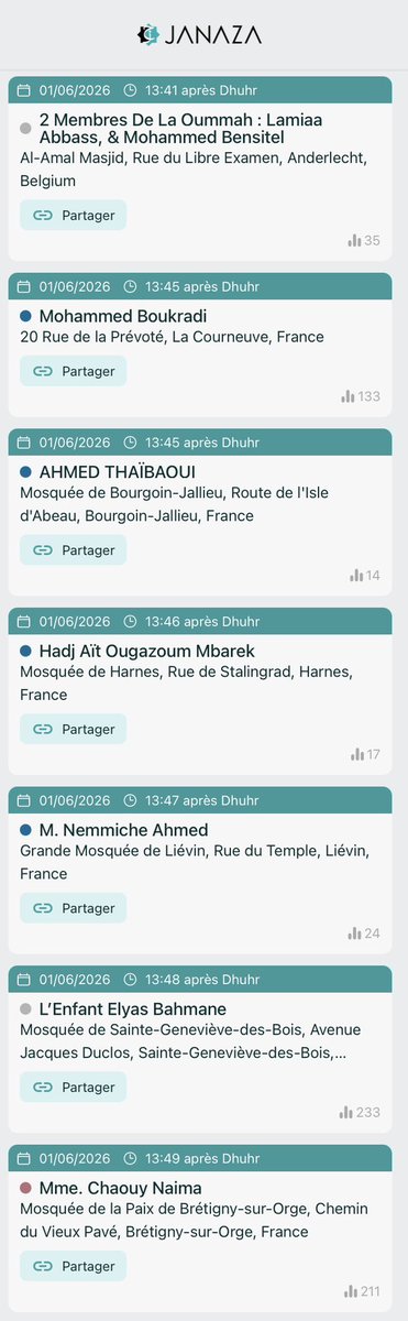 janaza_app's tweet photo. ⚰️ 22 Salat Janaza annoncées pour ce Lundi 1 mai 2026

🚨 PARTAGEZ — Barak’Allahu fikoum

🌐 Ajouter une Janaza : https://t.co/NtlZypspXO
📱 App iOS &amp; Android : https://t.co/zDnOp04iHh https://t.co/Uwj92PwxcK