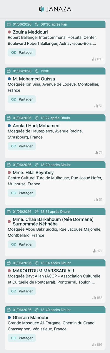 janaza_app's tweet photo. ⚰️ 22 Salat Janaza annoncées pour ce Lundi 1 mai 2026

🚨 PARTAGEZ — Barak’Allahu fikoum

🌐 Ajouter une Janaza : https://t.co/NtlZypspXO
📱 App iOS &amp; Android : https://t.co/zDnOp04iHh https://t.co/Uwj92PwxcK