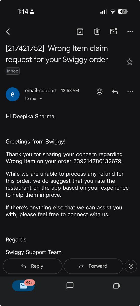 ndeepak854's tweet photo. @SwiggyCares @Swiggy Paid for Chicken Paprika from Fusion Kitchen. Got someone else’s Egg Curry from Khamang Khatta.
Customer care = 57 mins of torture. Manager Fahad hung up on me. Email team denied refund.
Zero accountability. Pathetic service. Order #239214786132679 https://t.co/6UWOR2TmbK