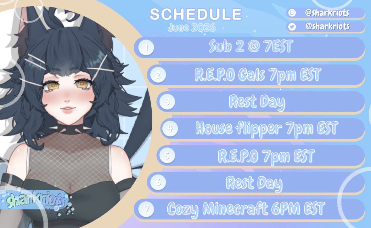 sharkriots's tweet photo. Stream for this week! #femalevtuber #hispanicvtuber #streamschedule #envtuber https://t.co/mTUU4aNDTM